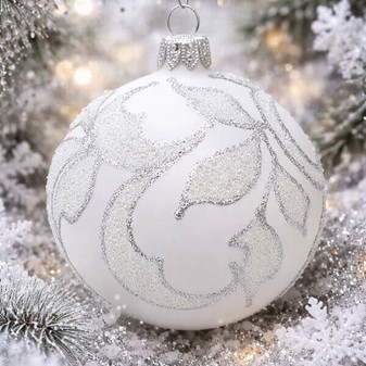 Polske hvide julekugler dekoreret med blade i sølvglitter. 8 cm/6 stk