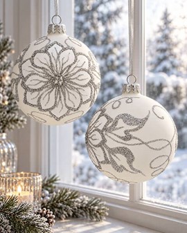 Hvide juletræskugler glas. Smukke håndblæste julekugler. Ø 10 cm 6 stk