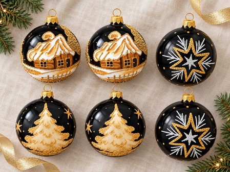 Sorte julekugler med tre forskellige julemotiver i guld, Ø 8 cm 6 stk
