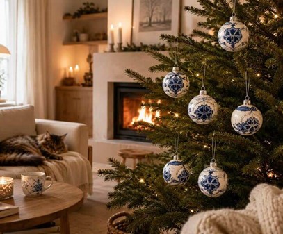 Juledekorationer i glas. Julekugler i porcelæn hvid med blå blomster
