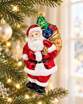 Juletræspynt figurer. Håndlavet glas julemanden med sæk fuld af gaver