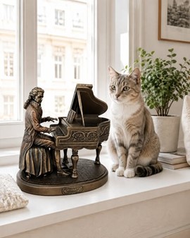STUE INDRETNING. Unik og realistisk skulptur af Mozart ved klaveret