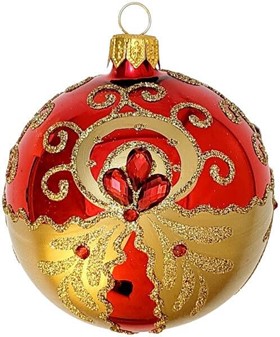 Rød/guld blank julekugler glas, dekoreret med glitter. Ø80 mm, 6 stk