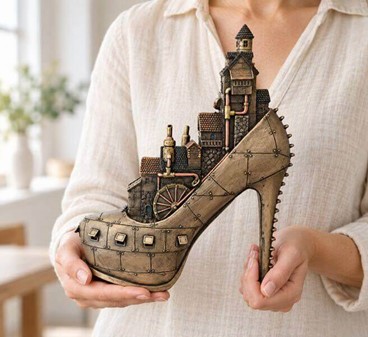 Steampunk sko-skulptur – Fantastisk by møder victoriansk maskineri