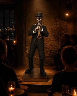 GAVE TIL MUSIKER. Flot bronzefigur af Jazz klarinettist. Reol pynt