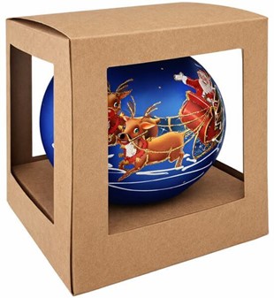 Eventyrlig kongeblå stor julekugle med julemand og kane. Ø 15 cm