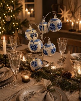 Juledekorationer i glas. Julekugler i porcelæn hvid med blå blomster