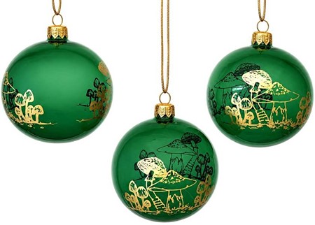 Juletræspynt glas. Gennemsigtig grøn julekugle med svampe, Ø 8 cm