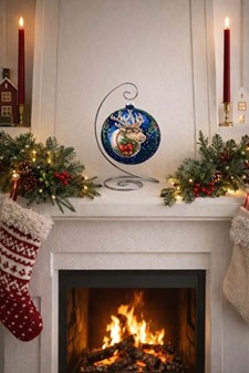 Fremstillet i Polen stor julekugle i blå med julemandens rensdyr,15 cm