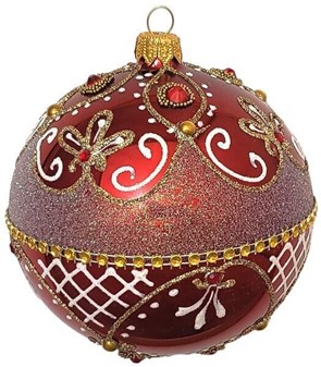 Eksklusiv, årets smukkeste, rigt dekoreret rød julekugle, Ø 10 cm