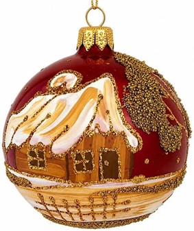 Julekugler i rødt porcelæn farve med gyldne julemotiver, Ø 8 cm 6 stk