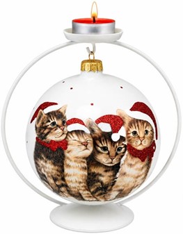 KATTE JULEPYNT. Stor julekugler i hvid med fire katte. Ø 15 cm