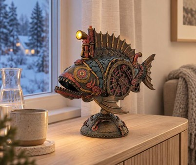 Unik Steampunk Dybhavsfisk med Mystisk Lys. Dekorationsfigur i bronze