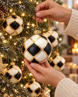 Julens sort-hvide poesi. Håndlavede skakmønstrede glas julekugler