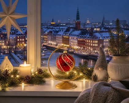 Julekugle glas i rød farve med en blank finish og gylden dekoration