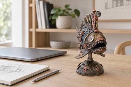Unik Steampunk Dybhavsfisk med Mystisk Lys. Dekorationsfigur i bronze