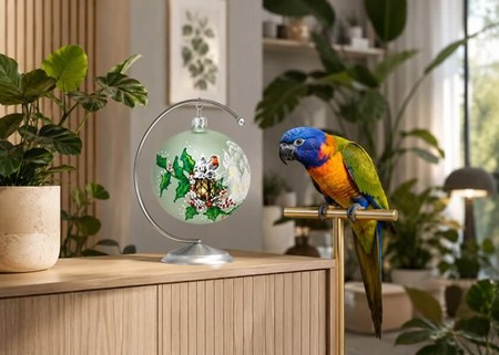 Polsk glas julepynt. Grøn julekugle med en fugl på lanterne. Ø 10 cm
