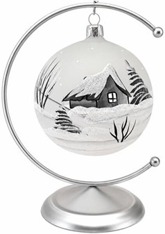 Julekugle glas i gennemsigtig mat hvid med en vinterlandskab. Ø 10 cm
