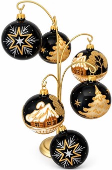 Sorte julekugler med tre forskellige julemotiver i guld, Ø 8 cm 6 stk
