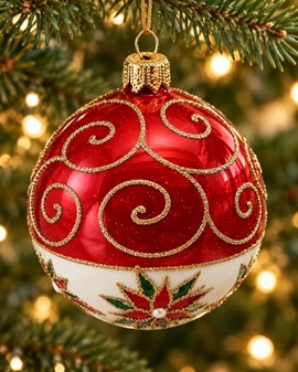 Eksklusive julekugler i rødt og hvidt. Klassisk pynt med glimt i øjet