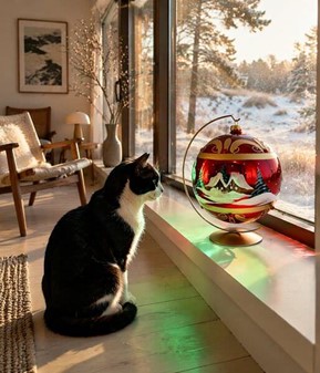 Skarlagenrøde julekugle med gulddekoration og vinterlandskab. Ø 20 cm