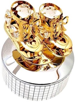 GAVER TIL SØSTER. Flot Swarovski spilledåse med forgyldte små sko