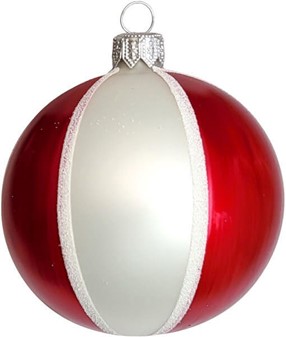 Jule glaskugler i hvid/rød mat, dekoreret med glitter. Ø 8 cm, 6 stk