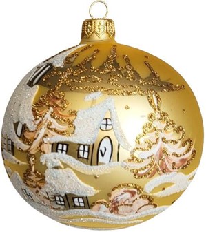 Juletræspynt. Flotte julekugler glas guld med julemotiver. Ø 10cm 6stk