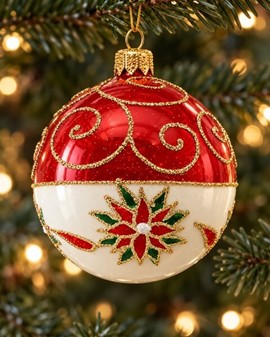 Eksklusive julekugler i rødt og hvidt. Klassisk pynt med glimt i øjet