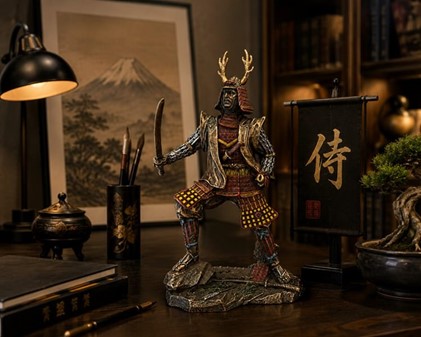 JAPANSK SAMURAI. Figur af ridder i traditionelt kostume med katana