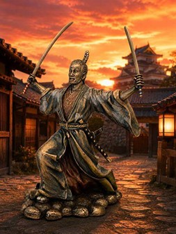 SAMURAI FIGUR. Bronze skulptur af japansk kriger med to sværd
