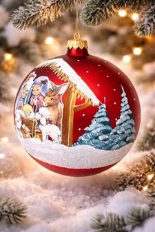 Den flotteste mørkerød mat, stor julekugle med julekrybbe, Ø 15 cm