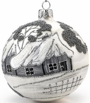 Julekugler med motiv. Sølv hytter på gennemsigtigt glas, Ø 10 cm 6 stk