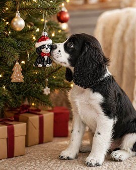 Julekugler figurer. Glas Cocker Spaniel i en kasket, sort. H: 8,20 cm