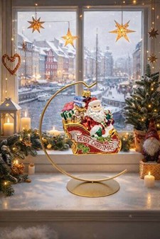Julefigur. Fantastisk glasfigur af julemanden i slæde til juletræ