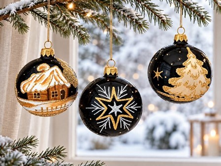 Sorte julekugler med tre forskellige julemotiver i guld, Ø 8 cm 6 stk