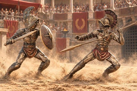 GLADIATOR FIGUR. en slave i kamp med spyd i arenaen det gamle Rom
