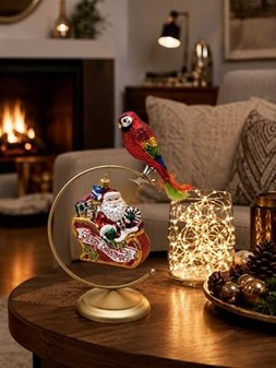 Julepynt til juletræ. Glas, flerfarvet papegøje med ægte fjer i halen