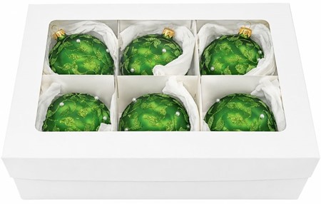 Billige grønne glas julekugler med et plantemotiv, Ø 10 cm 6 stk