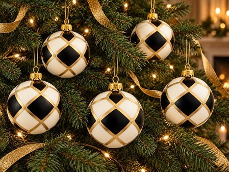 Julens sort-hvide poesi. Håndlavede skakmønstrede glas julekugler
