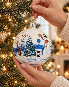 Julekugle glas i hvid mat og et vinterlandskab med en snemand. Ø 10 cm