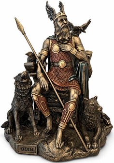 Odin figur. Kong af alle nordiske guder på en trone med ulve og ravne