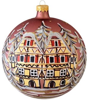 Stor julekugle glas i lyserød mat med hus og vinterlandskab. Ø 15 cm