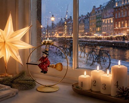 Juledekoration. Håndlavet glas heks i rød kjole og på en kosteskaft