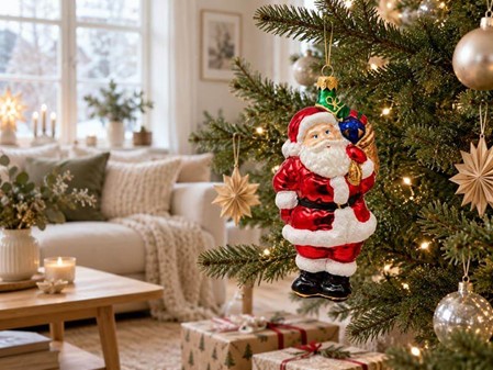 Juletræspynt figurer. Håndlavet glas julemanden med sæk fuld af gaver