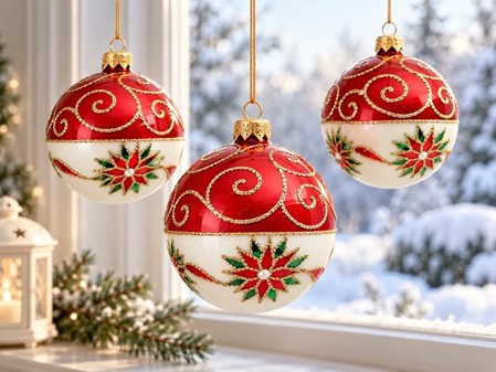 Eksklusive julekugler i rødt og hvidt. Klassisk pynt med glimt i øjet