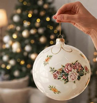 HVIDT JULEPYNT. Eksklusiv stor julekugle i mundblæst glas, Ø 15 cm
