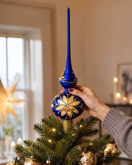 JULETRÆSTOP. Glas juletræstop spir i mat kongeblå med guld blomster