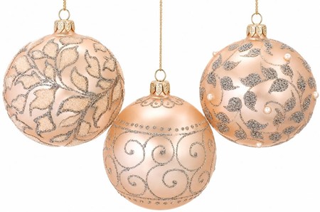 Laksefarvede julekugler med sølvglitter plantemotiver. Ø 10 cm, 6 stk