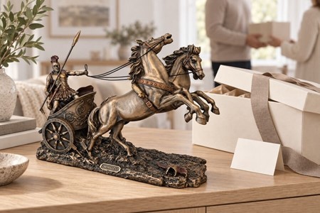 GAVEN TIL HAM PÅ 60. Smuk bronze figur af Achilleus i sin stridsvogn